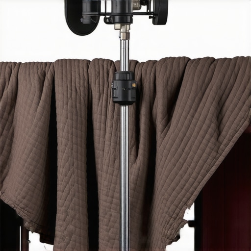 Heavy-Duty Acoustic Blanket on Studio Stand Close-up of a quilted moving blanket used as an acoustic absorber in a recording studio.
