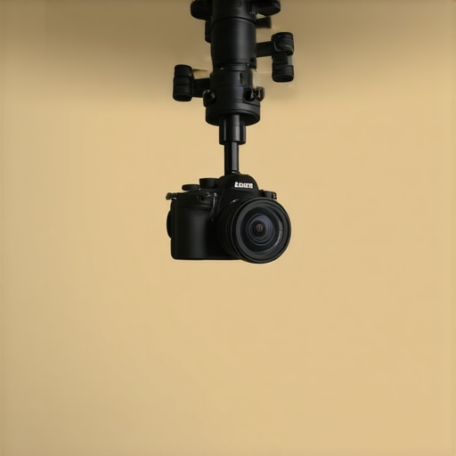 Heavy-Duty Ceiling Mount and Friction Arm Detail Close-up of a professional ceiling mount with a friction arm and large locking knobs for overhead camera rigs.