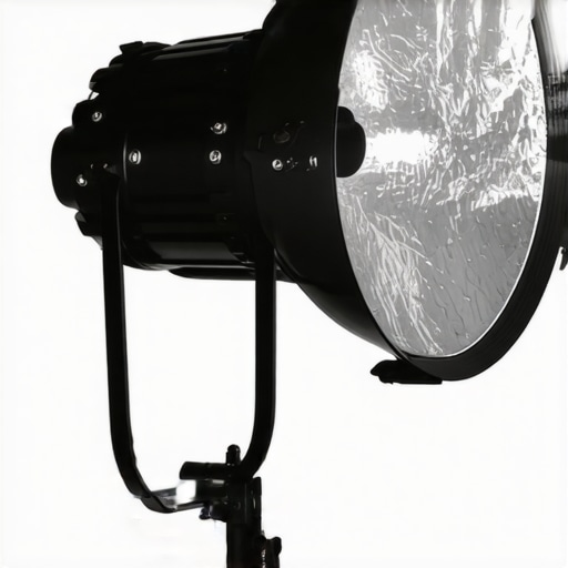 Close-up of a metal reflector mount and grip head on a light stand in a studio