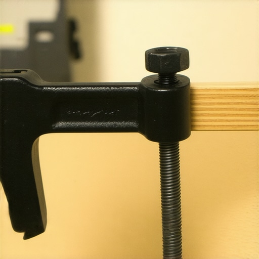 Heavy-Duty Steel Desk Clamp Detail A close-up of a professional-grade steel desk clamp with rubber padding on a wooden surface.
