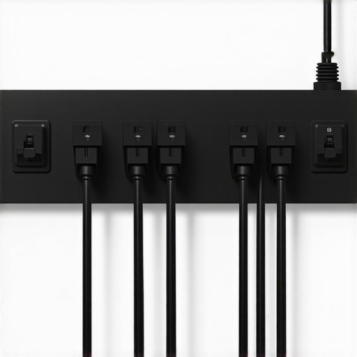Close-up of a matte black steel mount holding a power strip and cables on a wall.