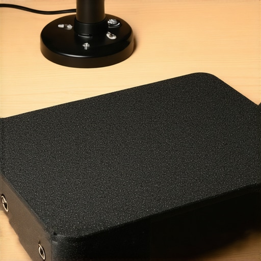 A detailed shot of a weighted microphone base plate providing stability for a professional creator rig.
