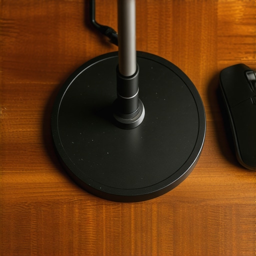 A close-up view of a circular cast iron microphone base on a desk with a boom arm attached.