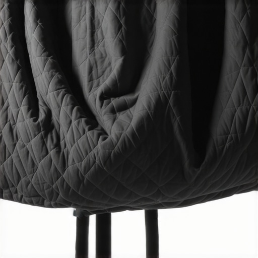A professional-grade moving blanket draped on a light stand to serve as a vocal booth