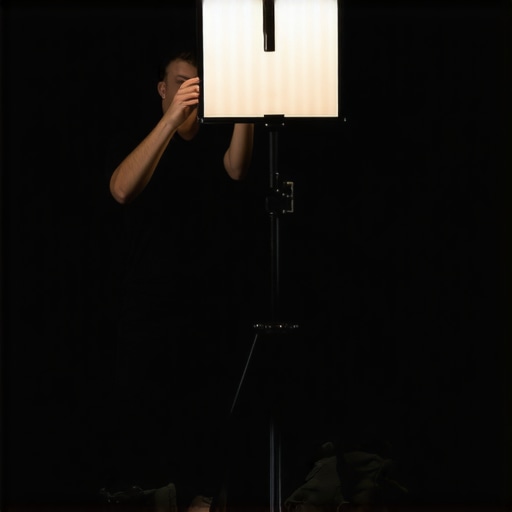 Professional lighting setup with a C-stand and sandbags for safety.
