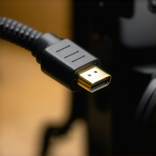 Heavy duty HDMI cable in professional studio camera A macro photo of a premium HDMI cable with a zinc-alloy shell connected to a camera port.
