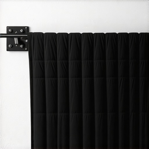 Heavy-duty acoustic blanket installation Close-up of a dense quilted moving blanket used for home studio soundproofing on a tension rod