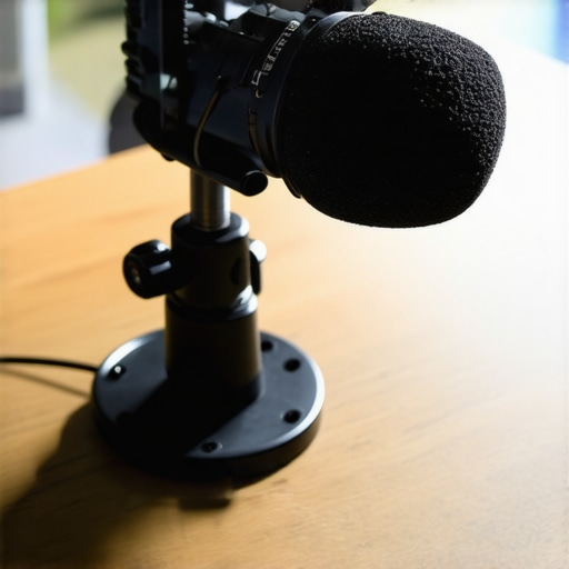 Close-up of a professional microphone attached to a budget-friendly metal desk clamp on a wooden studio desk.