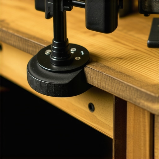 Close-up of a durable black metal utility clamp mounted on a desk edge holding a studio rig