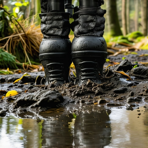 Close-up of rubber tripod pads preventing a camera rig from sinking into wet forest ground.