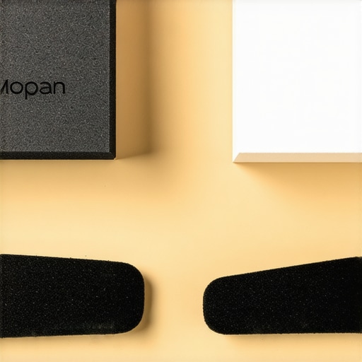 High-Density Foam vs Professional Auralex MoPAD Comparison A budget foam isolation block compared to a premium Auralex MoPAD monitor isolator on a wooden desk.