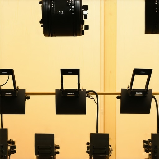 High-End Plywood Ceiling Lighting Rig Setup Close-up of a DIY plywood overhead lighting rig with professional studio lights and mounts attached to the ceiling.