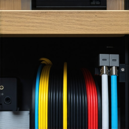High-Performance Studio Cable Management Mount Close-up of a wall-mounted cable organizer under a desk holding heavy studio equipment cables and power bricks.
