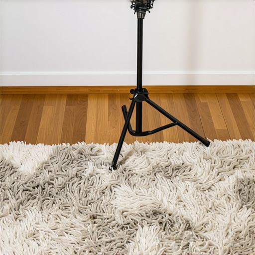 Close-up of a thick shag rug underneath a professional microphone stand on a hardwood floor.