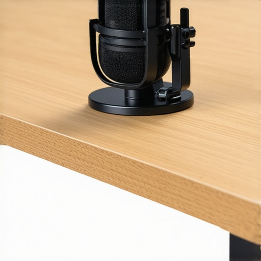 Close-up of a heavy-duty aluminum microphone desk clamp showing the screw mechanism and foam padding on a wooden desk.