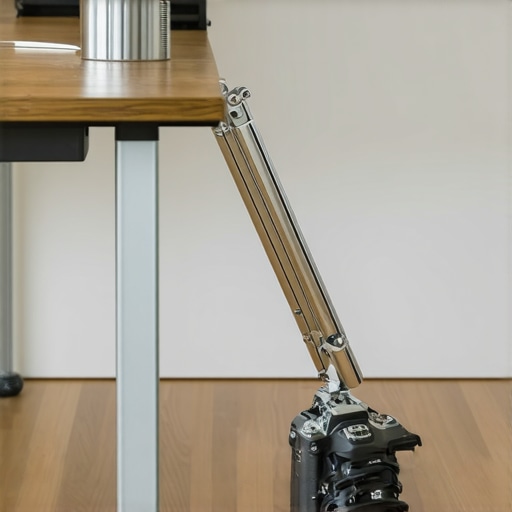 Industrial C-stand for camera isolation A heavy-duty chrome C-stand holding a camera rig.