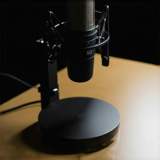 A heavy-duty black steel microphone base stabilizing a professional boom arm on a wooden desktop.