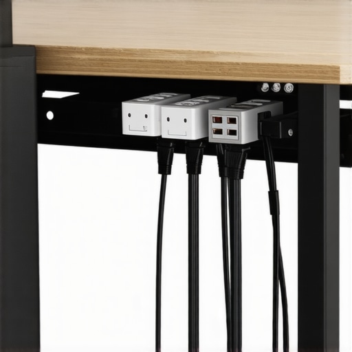 Industrial Steel Under-Desk Cable Tray A heavy-duty steel cable tray installed under a desk for professional cord organization.