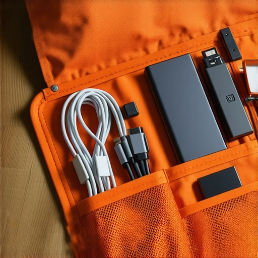 A detailed view of cables and camera accessories organized inside a tech pouch with orange lining.