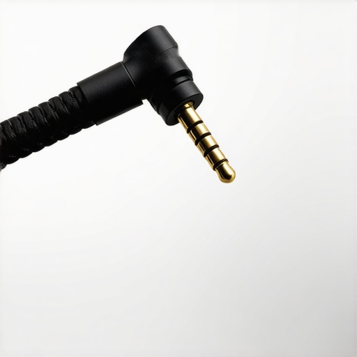 Close up of a black ferrite core being clipped onto a braided audio cable for noise reduction.