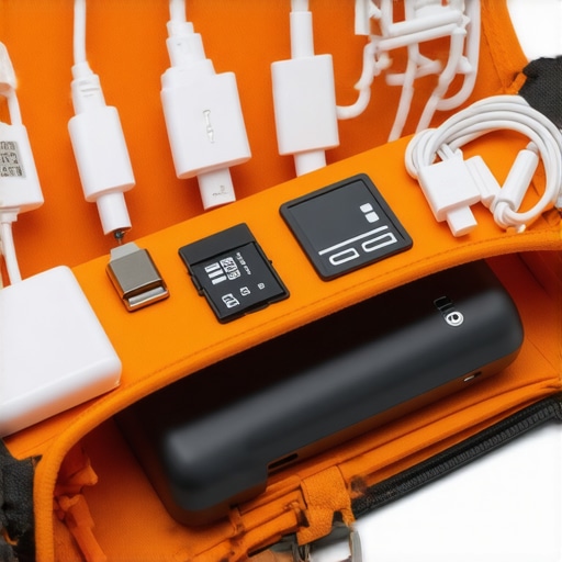 Close-up view of cables and tech gear organized inside a black pouch with orange lining.