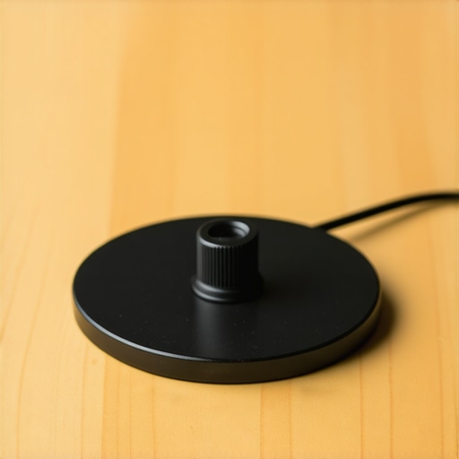 A close-up view of the 5/8-inch threading and powder-coated surface of the weighted microphone base.
