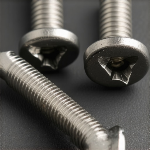 Macro view of high-quality stainless steel camera mounting screws A collection of 1/4 inch and 3/8 inch stainless steel screws for camera rigs and studio equipment.