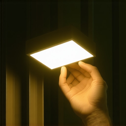 A small LED light magnetically attached to a metal beam in a large room