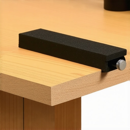 Detailed view of a heavy-duty metal camera clamp with rubber padding protecting a wooden desk surface.