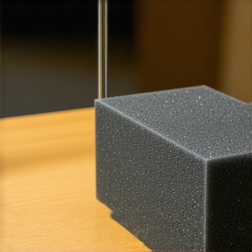 Microphone Isolation Foam Stress Test Close-up of high-density acoustic foam block decoupling a microphone stand from a wooden desk to reduce vibration.
