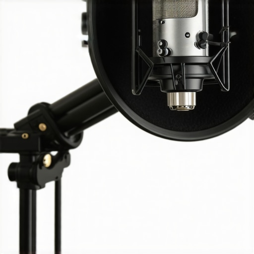 Close up of a microphone inside an isolation shield showing foam texture and metal backing.