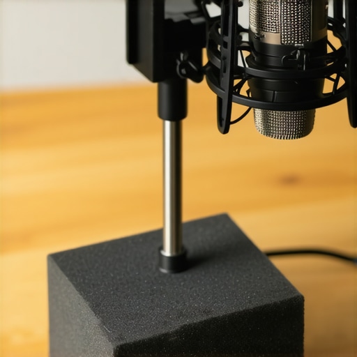 Microphone isolation foam block in use Close-up of a desktop microphone stand on a high-density foam isolation block