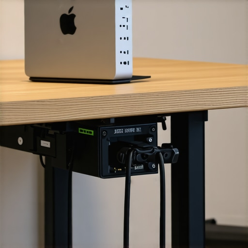 Mini-PC mounted under desk with steel plate Close-up of a Mini-PC secured to a wooden desk using a steel VESA mounting plate