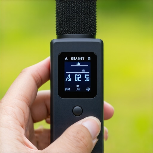 Close up of a wireless microphone transmitter showing the OLED display and compact design.