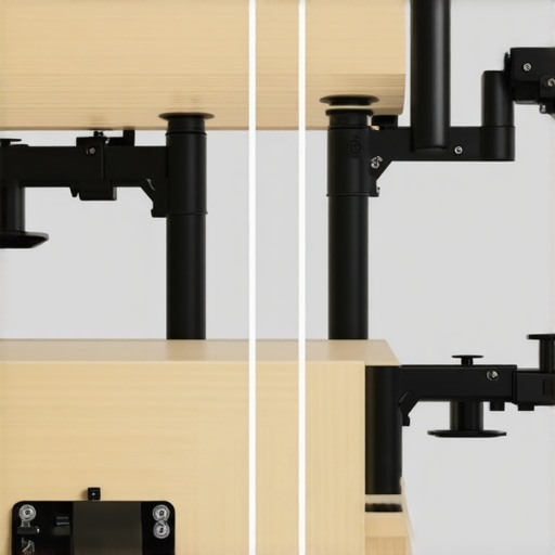 Monitor Arm Reinforcement Plate vs Direct Clamp Comparison Comparison showing how a steel reinforcement plate protects a desk from monitor arm clamp damage.