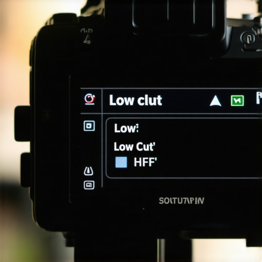 Navigating the Camera Audio Menu Close-up of a camera screen showing the Low Cut filter setting in the menu.