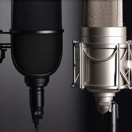 A comparison showing a compact nylon pop filter and a premium metal mesh pop filter side by side on mic stands.