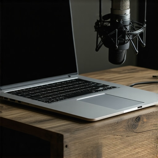 Optimized Professional Recording Setup A professional aluminum laptop stand used to improve airflow and reduce fan noise in a home studio.