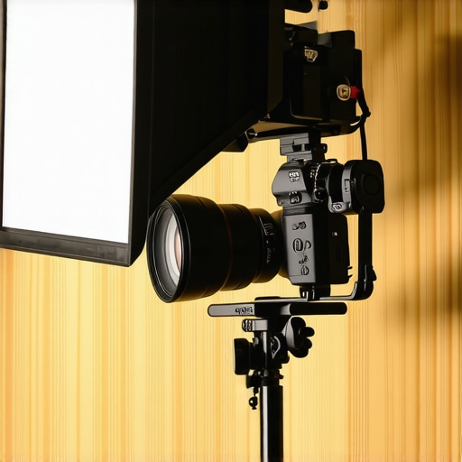 Overhead Studio Rig Performance A professional camera and lighting setup mounted to a plywood ceiling rig showing stability and cable management.