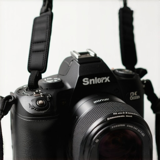 Close-up of a camera strap anchor link attached to a camera lug.