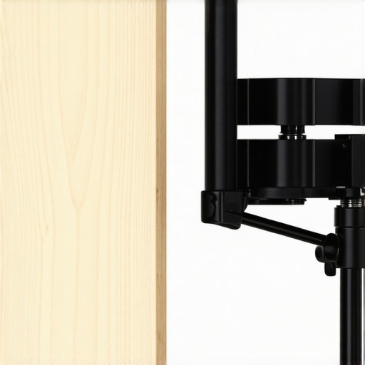 Comparison between a DIY plywood desk reinforcement and a commercial VIVO steel bracket for microphone mounts.
