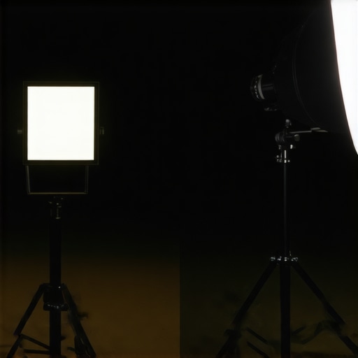 A visual comparison between a compact pocket LED light and a large studio COB light showing the difference in size and portability.