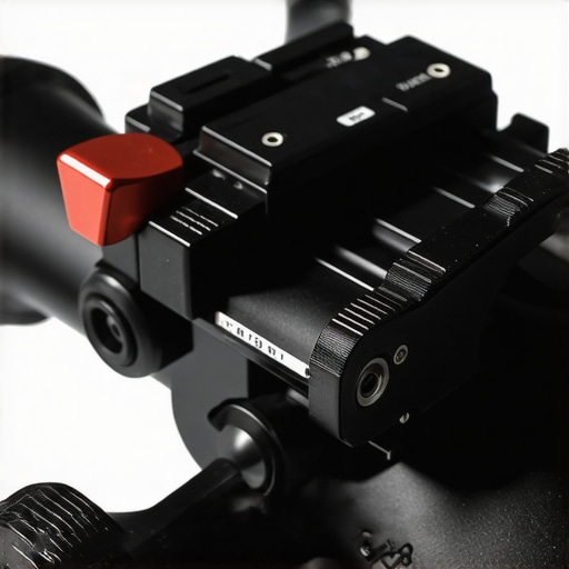 Close-up of the rod clamps and locking mechanism on a high-end cinema camera baseplate.