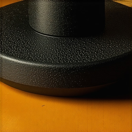 Premium Cast Iron Mic Base Textures Close-up of a heavy cast-iron desktop microphone stand base showing the rubber dampening layer and textured finish