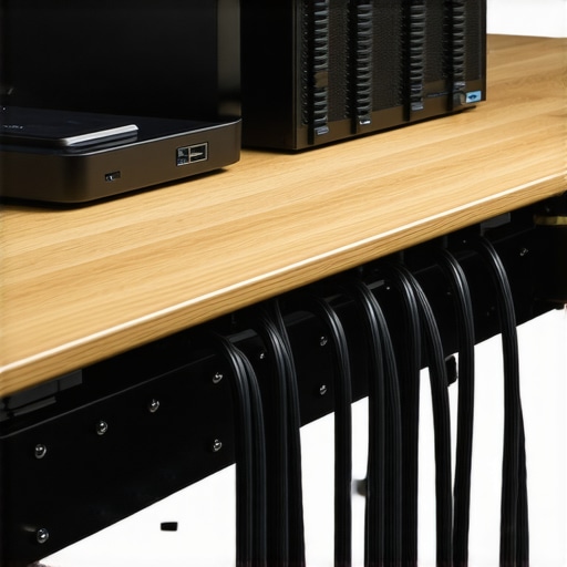 Heavy-duty steel cable tray holding power adapters under a desk.