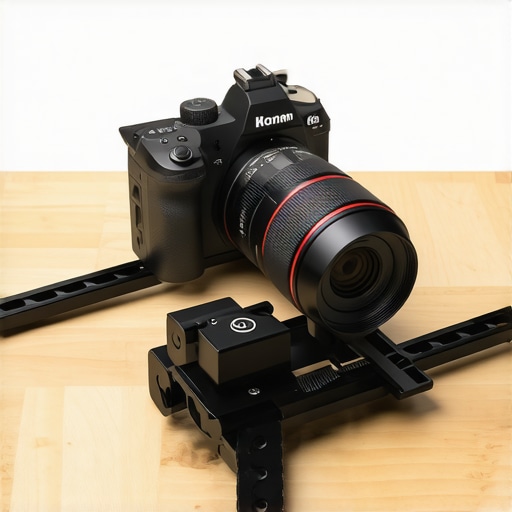 A mirrorless camera secured to a dual rail system for stable overhead filming.