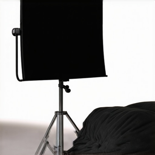 A professional black light-shaping flag setup in a small studio with safety sandbags.