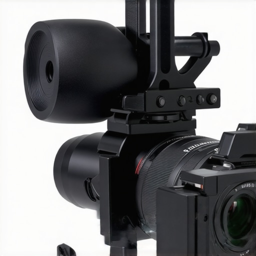 Professional Aluminum Camera Cage with Attachments A detailed view of a mirrorless camera housed in a black metal rig with an attached microphone and monitor mount.