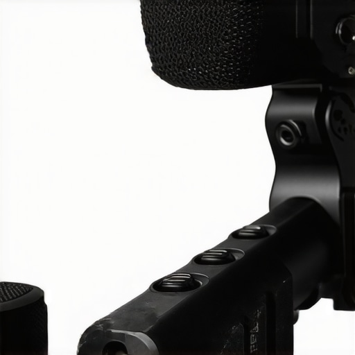 A close-up of a machined aluminum vlogging handle with multiple mounting points and a microphone attached.