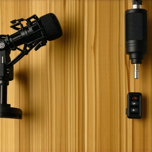 A comparison of a shotgun mic, studio condenser, and wireless lavalier system on a desk.